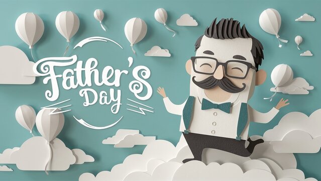 Happy Father's Day, greeting card, flyer design with air balloons, paper mustache, flying clouds, glasses, bow tie. Paper cut style