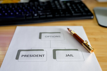 Flow chart for political options to be either elected president or go to jail. 