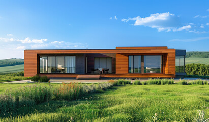 Fototapeta na wymiar 3D rendering of a modern house with wooden accents on the front, white walls and orange wood details, in a landscape design with a green lawn and concrete path leading to it.