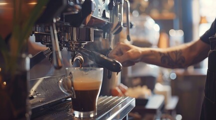 Male barista making coffee for customers at the bar - obrazy, fototapety, plakaty