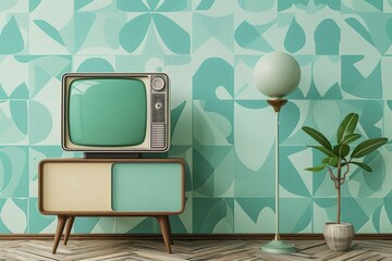 Retro television with vintage wallpaper in the background.