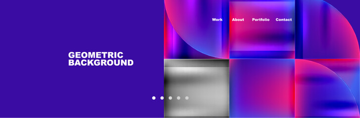 Obraz premium A vibrant geometric design featuring squares and circles in shades of purple, violet, magenta, and electric blue on a transparent material with a liquidlike texture