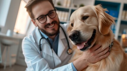 Portrait of a Young Veterinarian in Glasses Petting a Noble Healthy Golden Retriever Pet in a Modern Veterinary Clinic. Handsome Man Looking at Camera and Smiling Together with the Dog