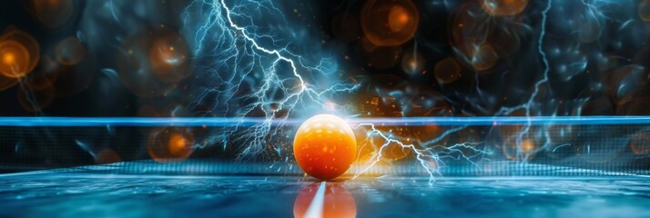 Dramatic Thunderstorm Ping Pong Ball Suspended in Electrified Liquid - obrazy, fototapety, plakaty