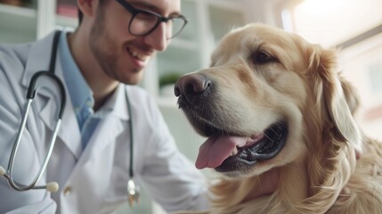 Portrait of a Young Veterinarian in Glasses Petting a Noble Healthy Golden Retriever Pet in a Modern Veterinary Clinic. Handsome Man Looking at Camera and Smiling Together with the Dog