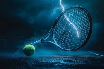 Intense Tennis Match During Dramatic Thunderstorm with Powerful Lightning Bolt - obrazy, fototapety, plakaty