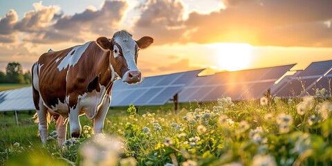 Portrait of cows grazing with evening sun with solar panels in backdrop a concept of using solar panels in farming sector with space, Generative AI.