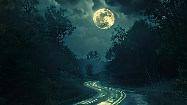 asphalt road at night with beautiful moon view, footage, 4k footage, videos, slow motion, hd