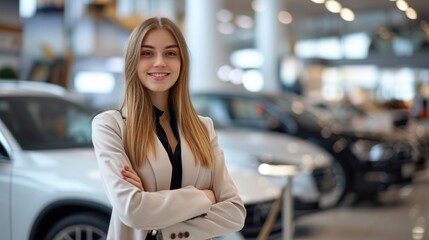 Professional luxury car saleswoman in luxury showroom. Auto dealership office. Car dealer business. Smiling woman in showroom. Expensive car. Automotive industry. Luxury car agent