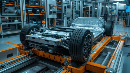 Advanced robotics and automation systems assembling the chassis of an electric vehicle in the factory
