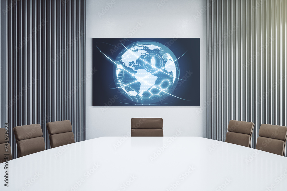 Poster social network concept with world map on presentation screen in a modern conference room. 3d renderi