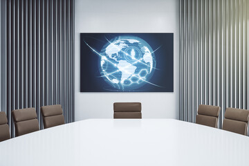 Social network concept with world map on presentation screen in a modern conference room. 3D Rendering