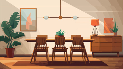 Wooden furniture in minimal dining room interior de