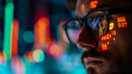 Stock Market Trader Working Investment Charts, Graphs, Ticker, Diagrams Projected on His Face and Reflecting in Glasses. Financial Analyst and Digital Businessman Selling Shorts and Buying Longs