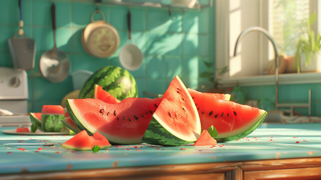 A bunch of Citrullus slices, a type of fruit known as Watermelon, sit on the kitchen counter. This rectangular produce is a refreshing and natural food ingredient