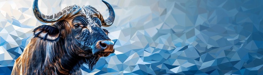 Polygon African buffalo, Full body, Background blue wave - obrazy, fototapety, plakaty