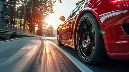Fototapeta na wymiar sport car overtaking, utilizing rear curtain sync for dynamic motion effect, editorial photography