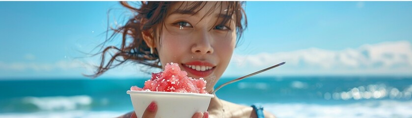 thai woman eating a shaved ice dressing with red Hales Blue Boy and white sweetened milk in white foam bowl, 