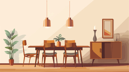 Wooden furniture in minimal dining room interior de
