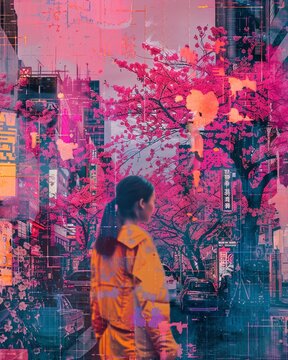 Melancholic, bittersweet neon sunset Cyberpunk City Sakura blossom RainA mood board for fashion designers composed of photo collages and color swatches, 