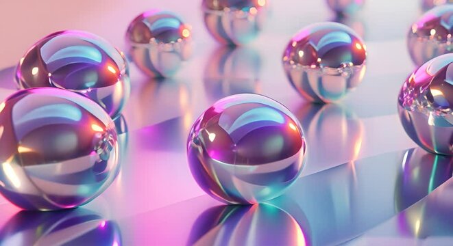 Floating metallic spheres reflecting a spectrum of colors on a sleek, shadowed surface