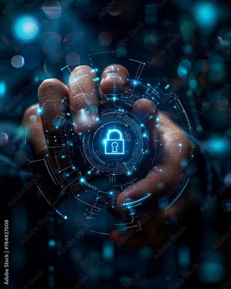 Aufkleber businessman holding security padlock button on virtual screens, technology internet and networking c