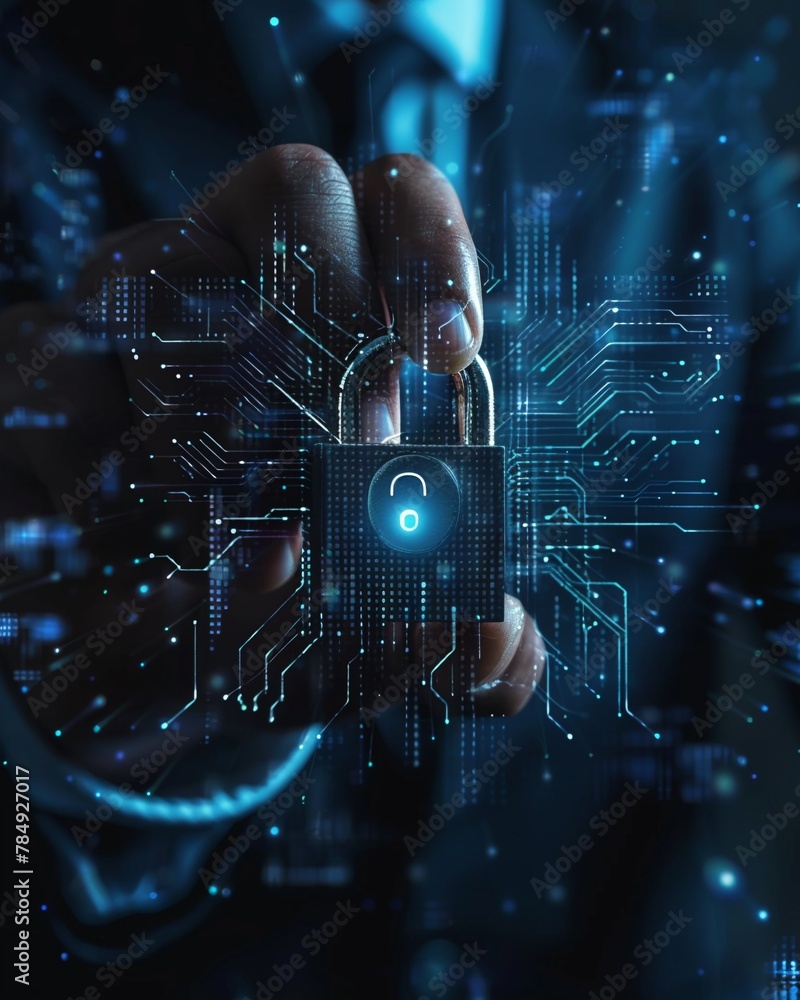 Aufkleber businessman holding security padlock button on virtual screens, technology internet and networking c