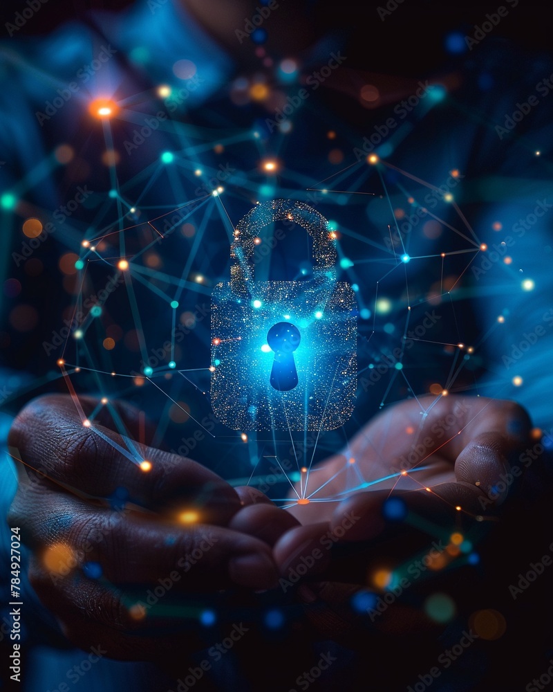 Poster businessman holding security padlock button on virtual screens, technology internet and networking c