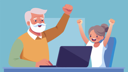 A playful illustration of a grandfather and granddaughter teaming up to defeat a boss in a popular online multiplayer game with both of them