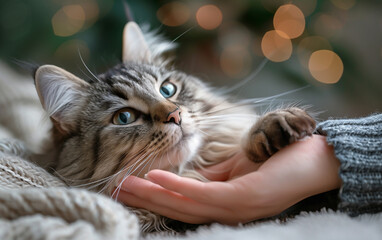 Close up of a human hand interacts with a cute cat.