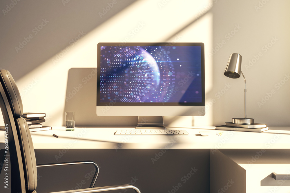 Leinwandbilder abstract digital world map on modern computer monitor, big data and blockchain concept. 3d rendering