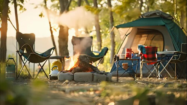 Firepit tent chairs and camping equipment at sunny. 4k video animation