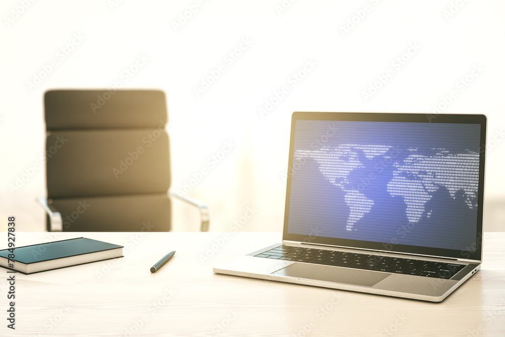 Poster Abstract digital world map on modern computer monitor, big data and blockchain concept. 3D Rendering