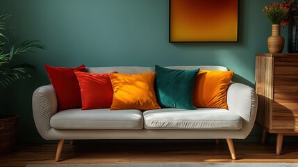 Minimalistic trendy Interior design a beige couch with five different colored pillows, a painting on the cian color  wall above