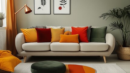 Minimalistic Interior design a beige couch with five different colored pillows, a painting on the wall above, and a potted plant next to it