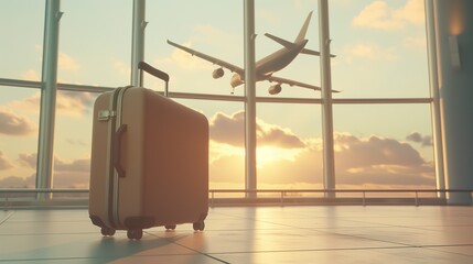 A lost suitcase is alone in an airport terminal near window, and a plane can be seen taking off. Summer travel time	
