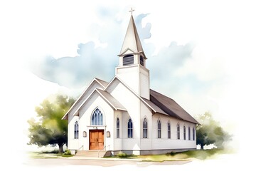 Watercolor illustration of a church in the countryside. Hand-drawn illustration. - obrazy, fototapety, plakaty