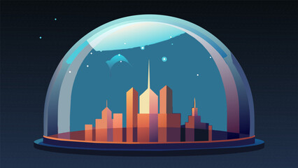 The edges of the city are marked by a shimmering dome separating it from the surrounding space. Beyond this dome stars and galaxies can be seen