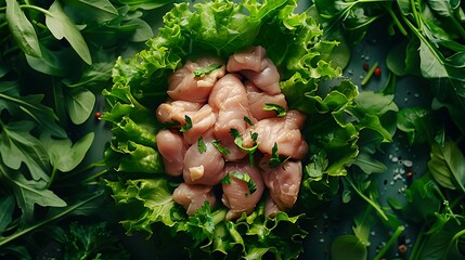 Fototapeta premium top view of raw chicken pieces ready for a healthy grilling, surrounded by greens.