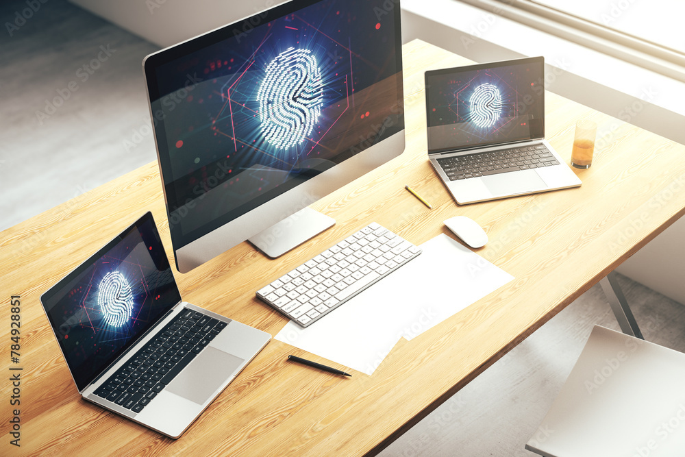 Poster Abstract creative fingerprint hologram on modern computer monitor, protection of personal information concept. 3D Rendering