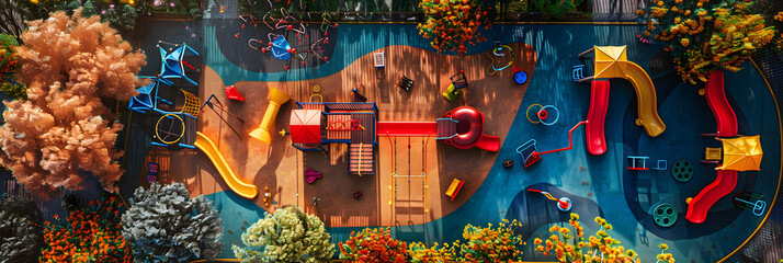 Overhead View of a Childrens Play Area A playground teeming with laughing children colorful toys slides and swings,Happy boy on water slide in a swimming pool having fun during summer vacation. - obrazy, fototapety, plakaty