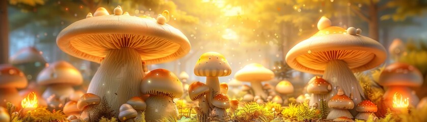 Giant mushrooms, A forest of towering mushrooms with glowing caps, creating an ethereal atmosphere