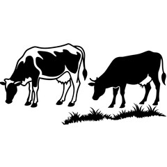 Cows Silhouettes In Different Poses Cow Grazing On Meadow vector