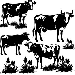 Cows Silhouettes In Different Poses Cow Grazing On Meadow vector