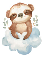 Fototapeta premium Adorable Sloth Relaxing on Whimsical Watercolor Cloud,Exciting and Joyful Woodland Animal