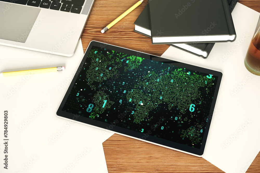 Aufkleber Top view of modern digital tablet display with abstract software development hologram and world map, global research and analytics concept. 3D Rendering