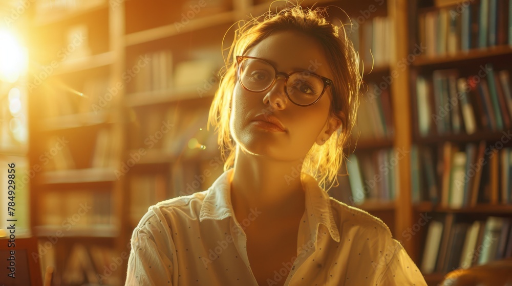 Poster A woman wearing glasses sitting in front of a bookshelf filled with books. She appears focused and engaged in reading or studying. The bookshelf is neatly organized with various books and decorations.