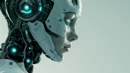 A closeup of a robots helmet with blue goggles resembling eyes. This CG artwork depicts a futuristic fictional character at a sports event