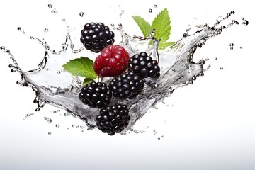 Dewberry with water splashing on white background