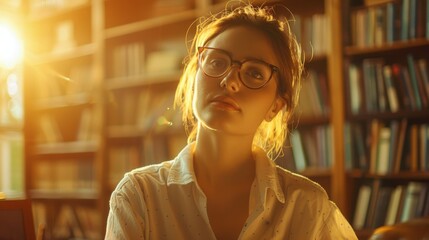 A woman wearing glasses sitting in front of a bookshelf filled with books. She appears focused and engaged in reading or studying. The bookshelf is neatly organized with various books and decorations. - Powered by Adobe